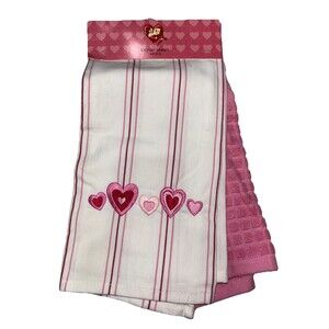 Kohls Valentine's Day Hearts Love Set Of 2 Kitchen Towels New Cotton Pink White